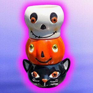 Halloween Hallmark Black Cat Pumpkin Skeleton stackable Votive Candle holders